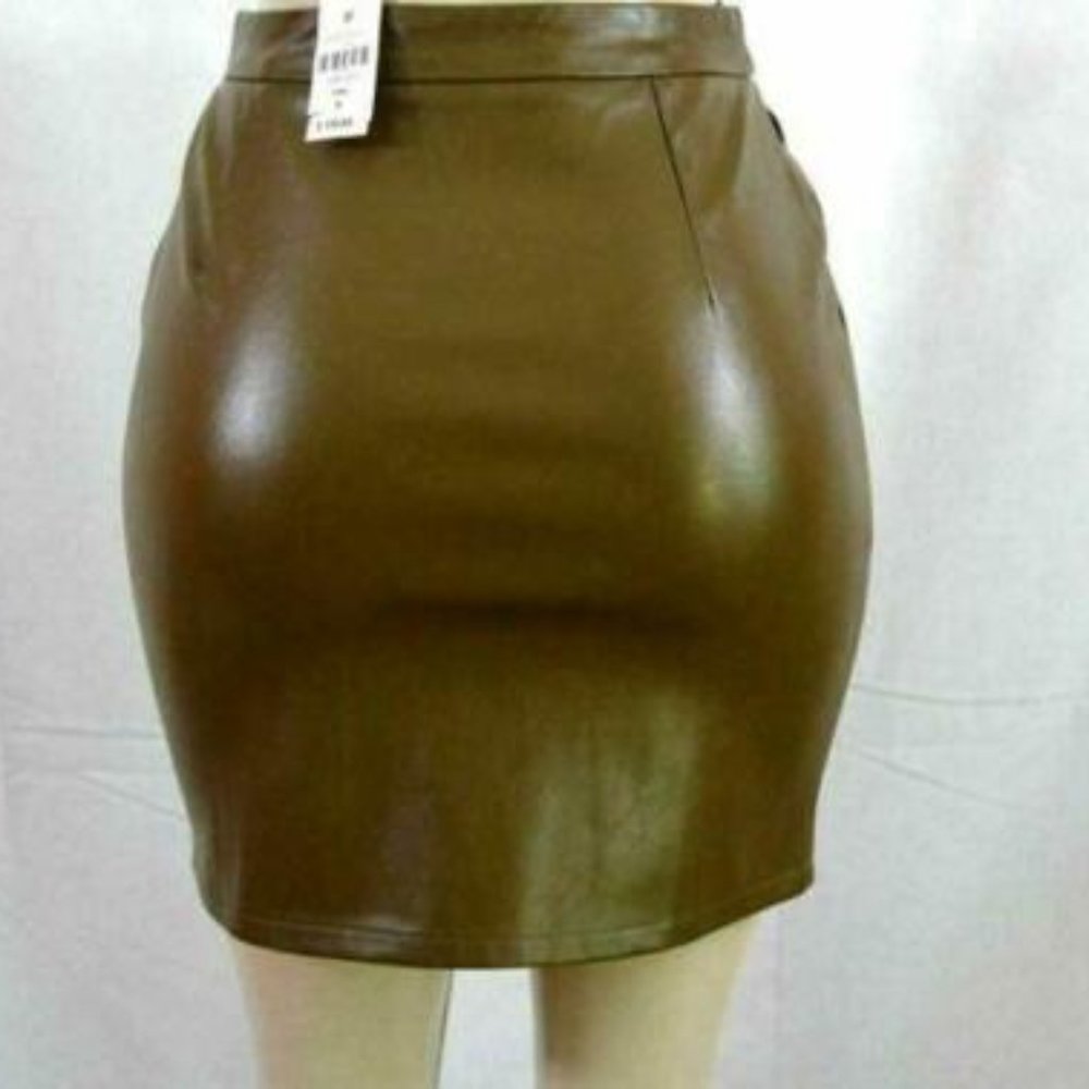 NWT SEEK The Label Dark Green front zipper faux leather women's Pencil Skirt S - Picture 2 of 3